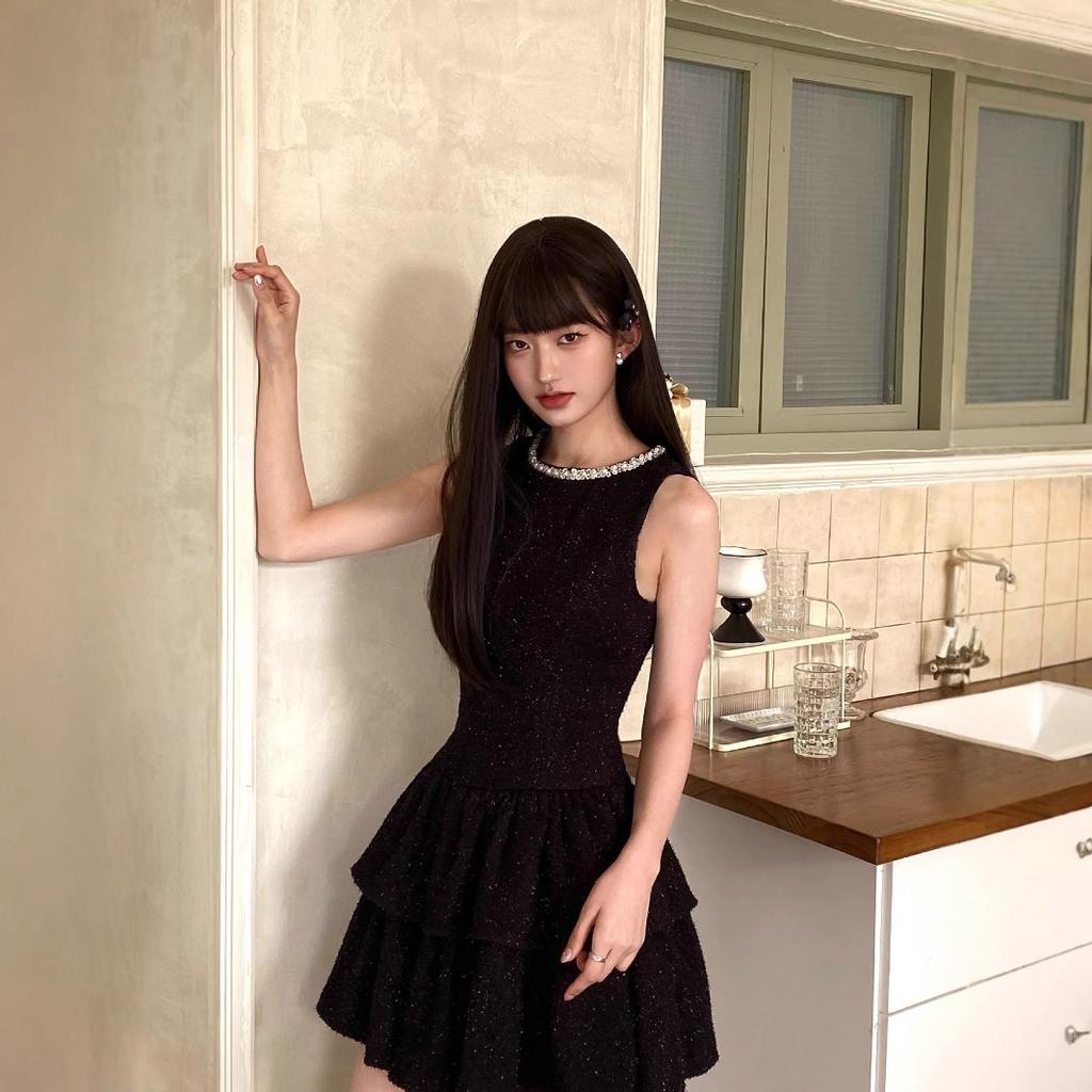 French small fragrant style black vest neck dress female summer small temperament waist thin birthday cake dress