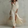Sommer Damen Elegantes Langarm Strick Falten Schlitz Pulloverkleid, Europäischer Amerikanischer Stil Crossbody Freizeitkleid