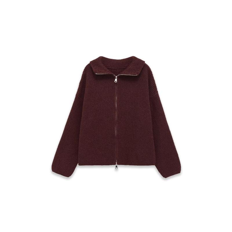 Frühling Damen Locker Fauler Stil Pullover Cardigan Ausgestellter Revers Langarm Doppelkettenstreifen Strickmantel