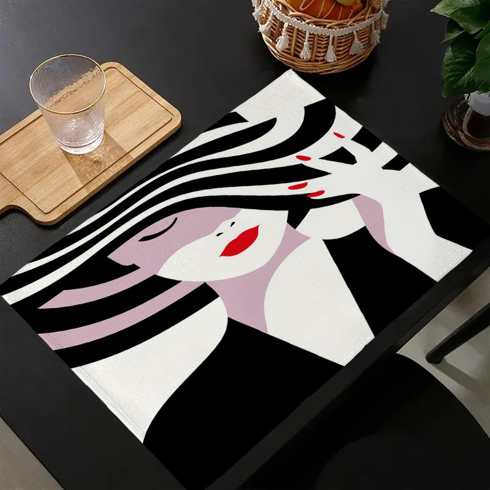 Set da 4 tovagliette geometriche bianche e nere personalizzate in cotone e lino per tavolo da pranzo, sottobicchiere, sottotazza per ciotola/tazza, decorazione per la casa 10.11WJY
