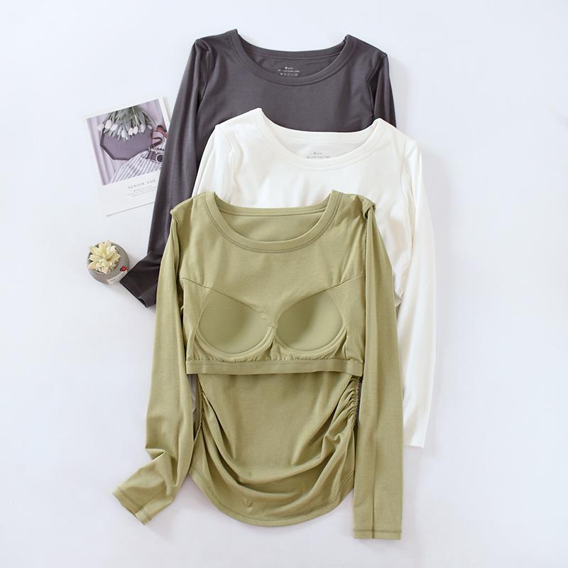 Chest-Padded Slim Fit Women's Top: Round Neck, Long Sleeve, Fishtail Hem, No Bra Needed, Autumn/Winter Style.