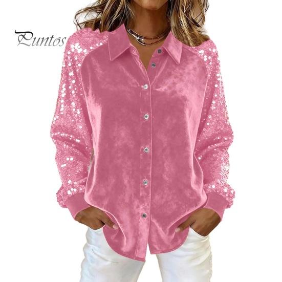 Soft Breathable Shirt Women Button-Down Lapel Long Sleeve Tops Solid Color Glitter Loose Fit Shiny Sequins Velvet Cocktail Party Wear Sweat-absorbent