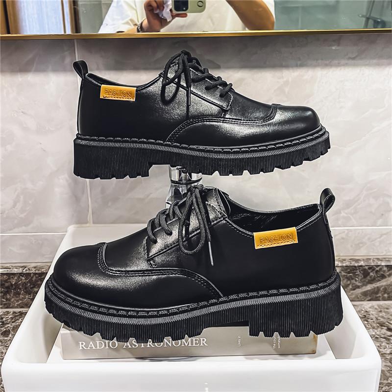Business Small Leather Shoes Men's Formal British Style Platform Heightening Shoes Pure Black Casual Simple Men's Shoes Autumn