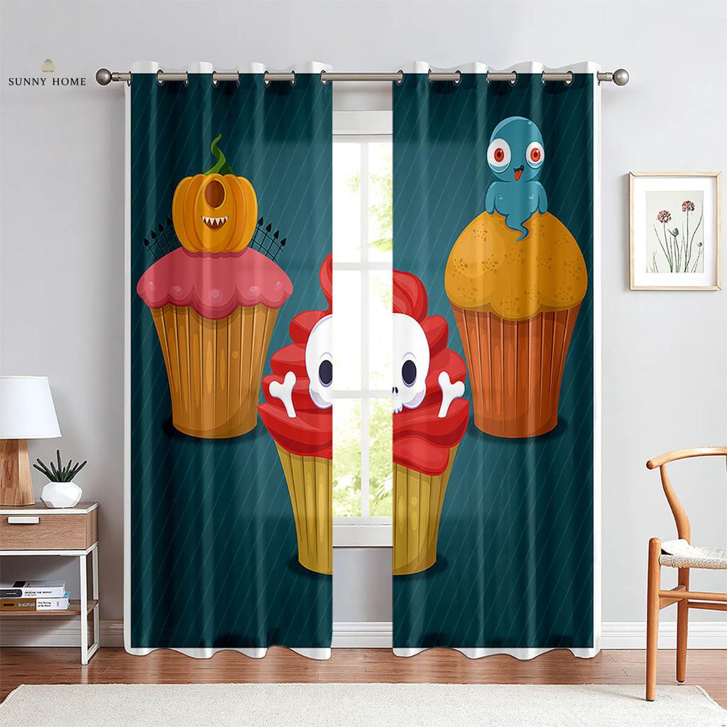Halloween Skull Cartoon Print Curtains Suitable For Children's Room Living Room Restaurant Holiday Party Decoration Curtains