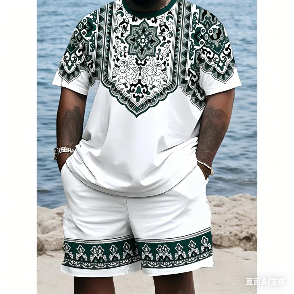 Men's Plus Size 3D Digital Print Short Sleeve Shorts Set, Ethnic Style, PLUS SIZE