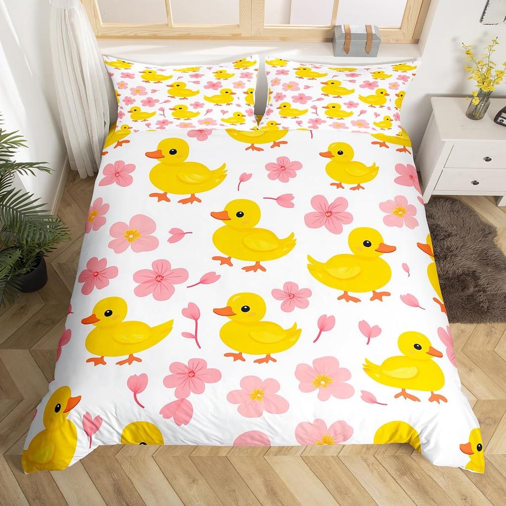 Yellow Duck Duvet Cover Twin Cartoon Ducks Comforter Cover Farmhouse Wild Animal Bedding Set Rustic Country Wildlife Quilt Cover