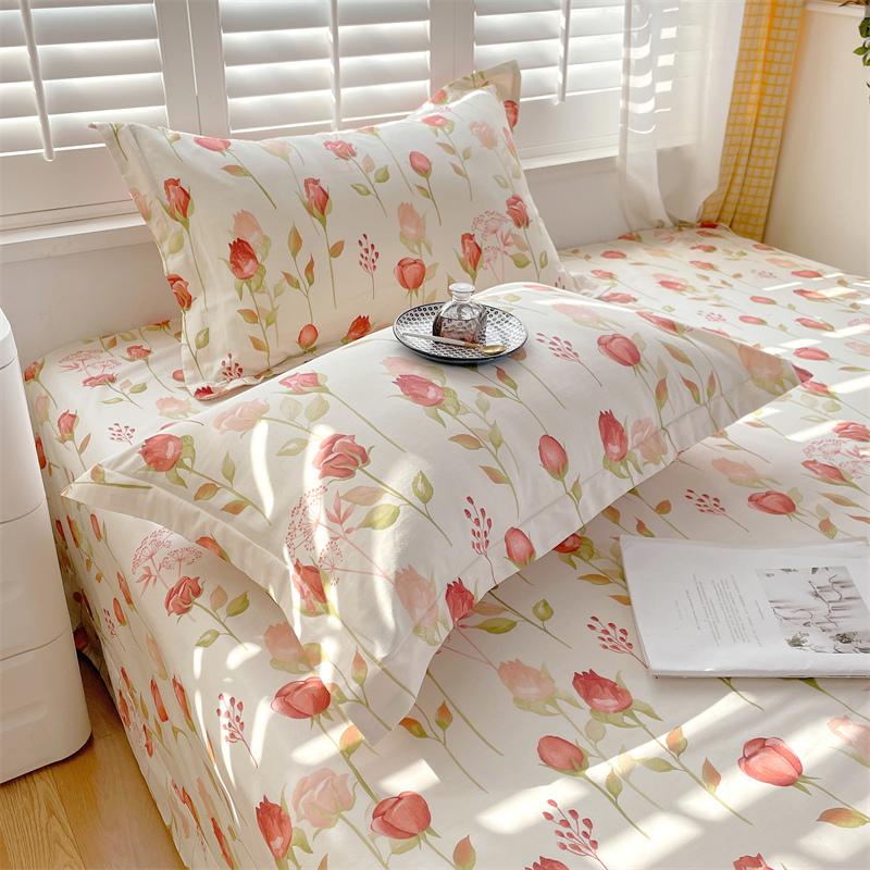 Floral Printed Bed Sheet Set Roses Design Bed Sheets Soft Breathable Fabric Flat Sheet with Pillowcases Queen Size Bedding Set