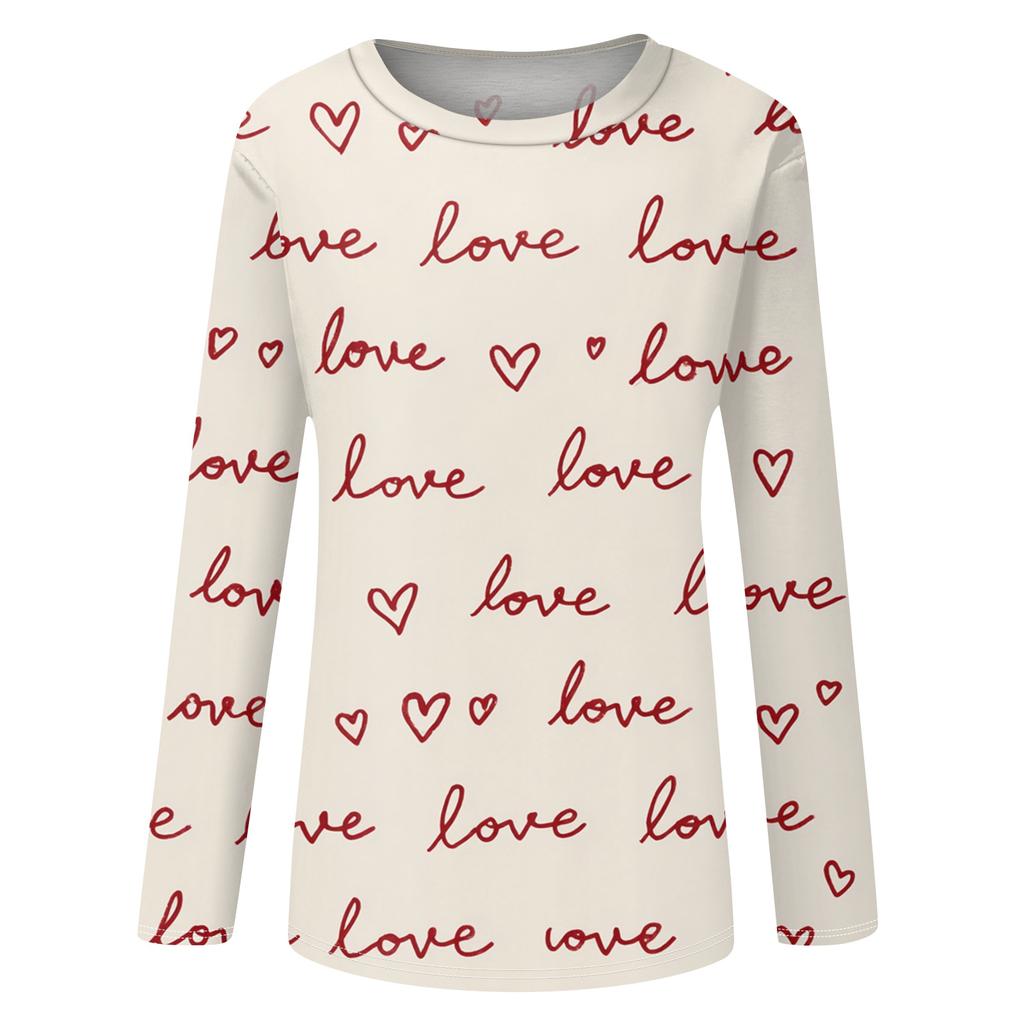 Women's Heart,shaped Printed Round,neck Loose Long,sleeved Top