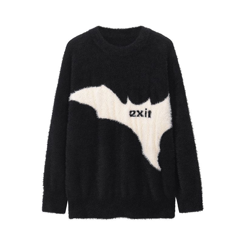 Black of Exit National Trend Lazy Style Geometric Pattern Jacquard Round Neck Sweater Mohair Knitwear for Men and Women