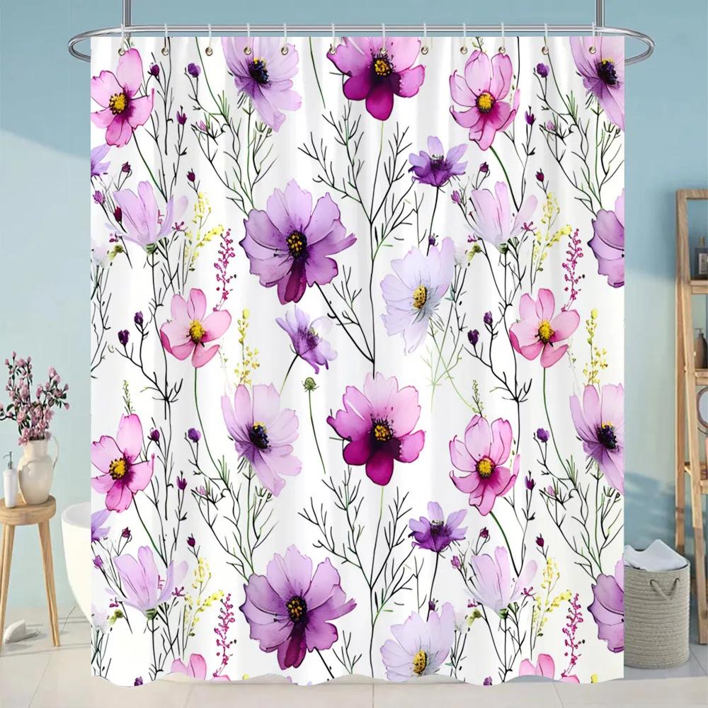 Botanical Flower Shower Curtain Colourful Flowers Green Leaves Watercolour Art Creative Polyester Shower Curtains Bathroom Dec