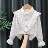 Girls Ruffled Collar Long Sleeve White Blouse Kids Elegant Lapel Button Down Shirt