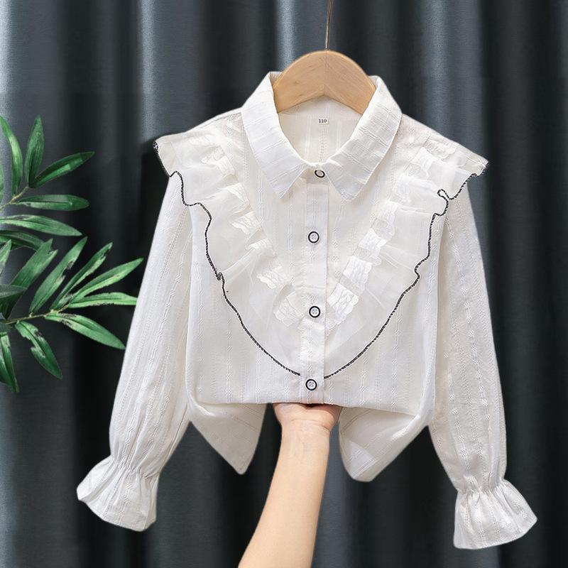 Girls Ruffled Collar Long Sleeve White Blouse Kids Elegant Lapel Button Down Shirt