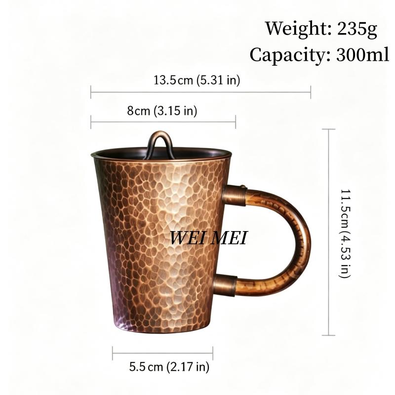 With lid Vintage Pure Copper Coffee Mug,Home 300 ml Handle Breakfast Cup,Handcrafted Engraving Hammer Texture Tea Cup Drinkware