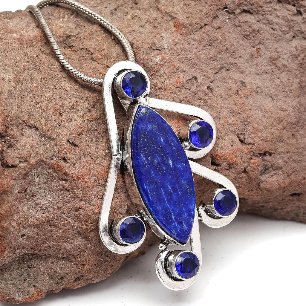 Lapis Silver Necklace Lazuli  Gifted Gemstone Pendant Jewelry 18" Handmade