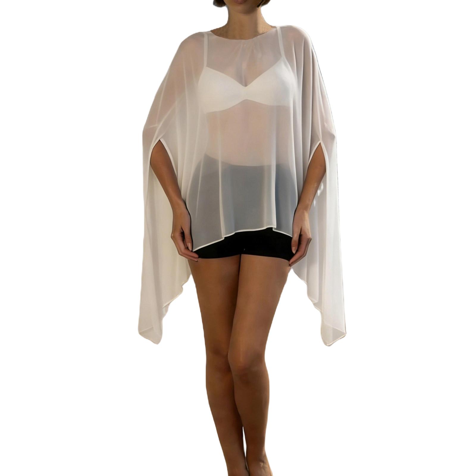 

Women Solid Sheer Poncho Casual Loose See Through Boat Neck Irregular Hem Coverup Tops One Size білий