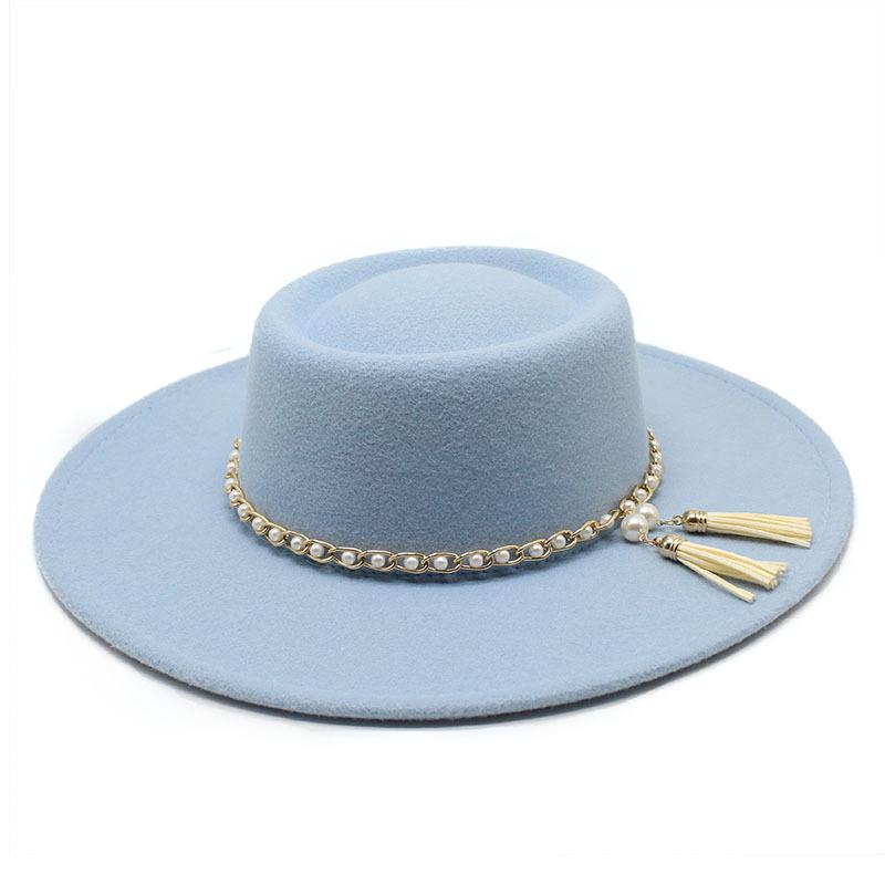 Popular Gold Chain Pearl Fringed Ribbon Flat Top Top Hat Spring and Autumn European, American and British Couple Top Hat