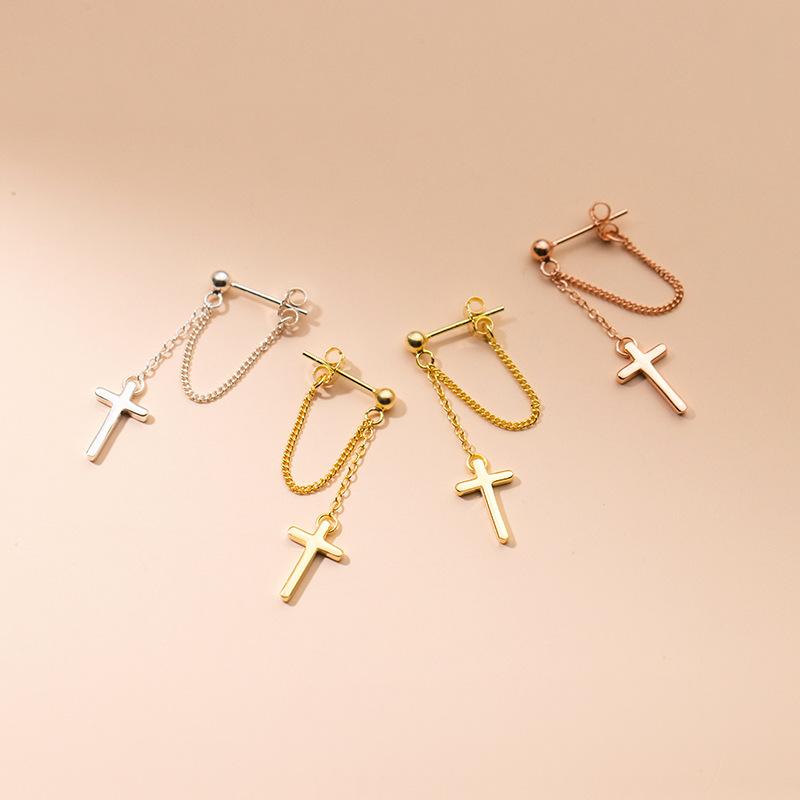 Beautiful Elegant Solid 925 Sterling Silver Cross Tassel Chain Stud Earrings for Women Jewelry