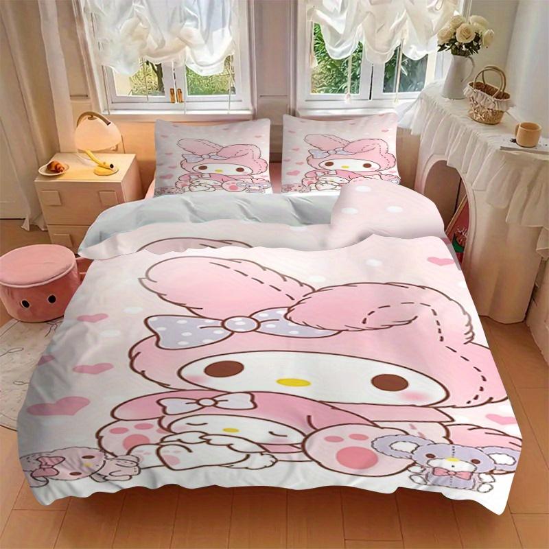 3pcs My Melody, Kawaii Breathable Polyester Bedding Set Soft Duvet Cover and 2 Pillowcases,Suitable for All Seasons, 082651b