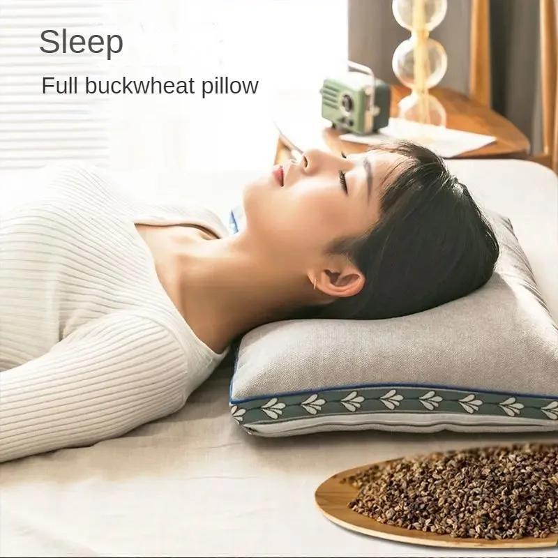 Natural buckwheat skin pillow, zipper adjustable height neck support linen pillow, breathable and cool sleeping bed pillow