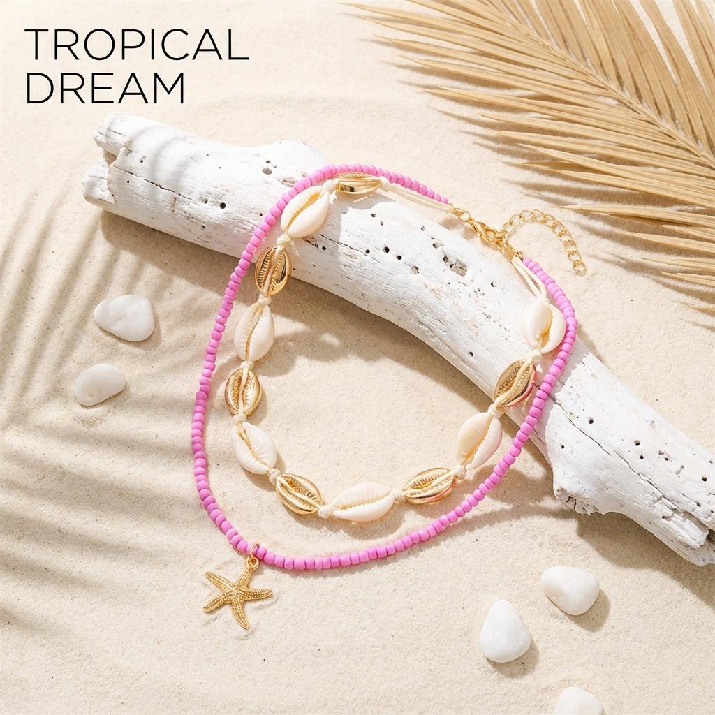 Boho Gold Color Starfish Shell Pendant Necklace for Women Double Layer Rice Beads Sea Shell Choker Summer Beach Party Jewelry