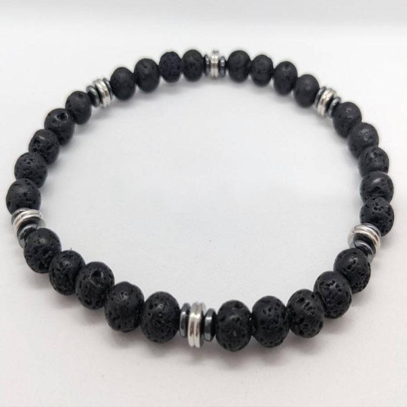 Mens Beaded Black Onyx And Green Plated Hematite Spacers With Wooden Beads 6mm Matte Mat Black Bracelet