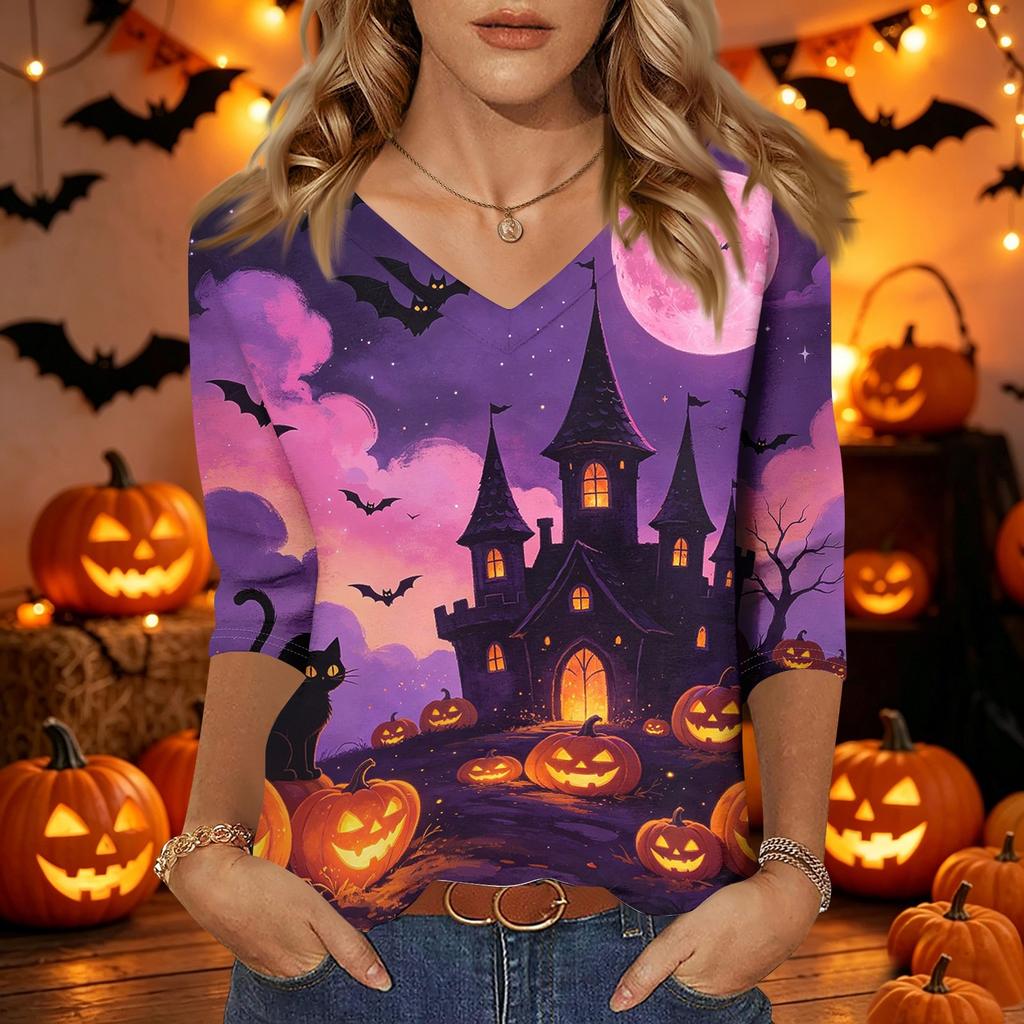 Women's Casual Halloween Printed V Neck Three Quarter Sleeve Top Tie Dye Pumpkin Bat Pattern Lightweight Blouse for Fall