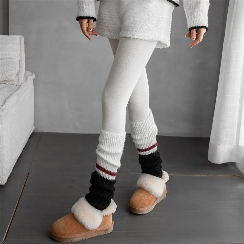 2pairs American Retro Cashmere Color Blocking Long Sock Winter Warm Knitted Leg Warmers for Women Lolita JK Boot Cover Stockings
