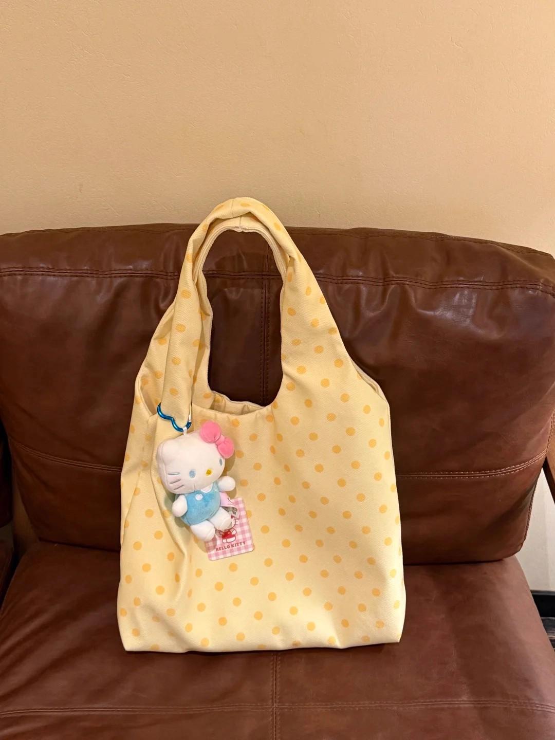 

Корейская холщовая сумка в черный горошек женская 2025 новая большая вместительная на плечо сумка-тоут нишевая сумка для покупок для поездок на работу