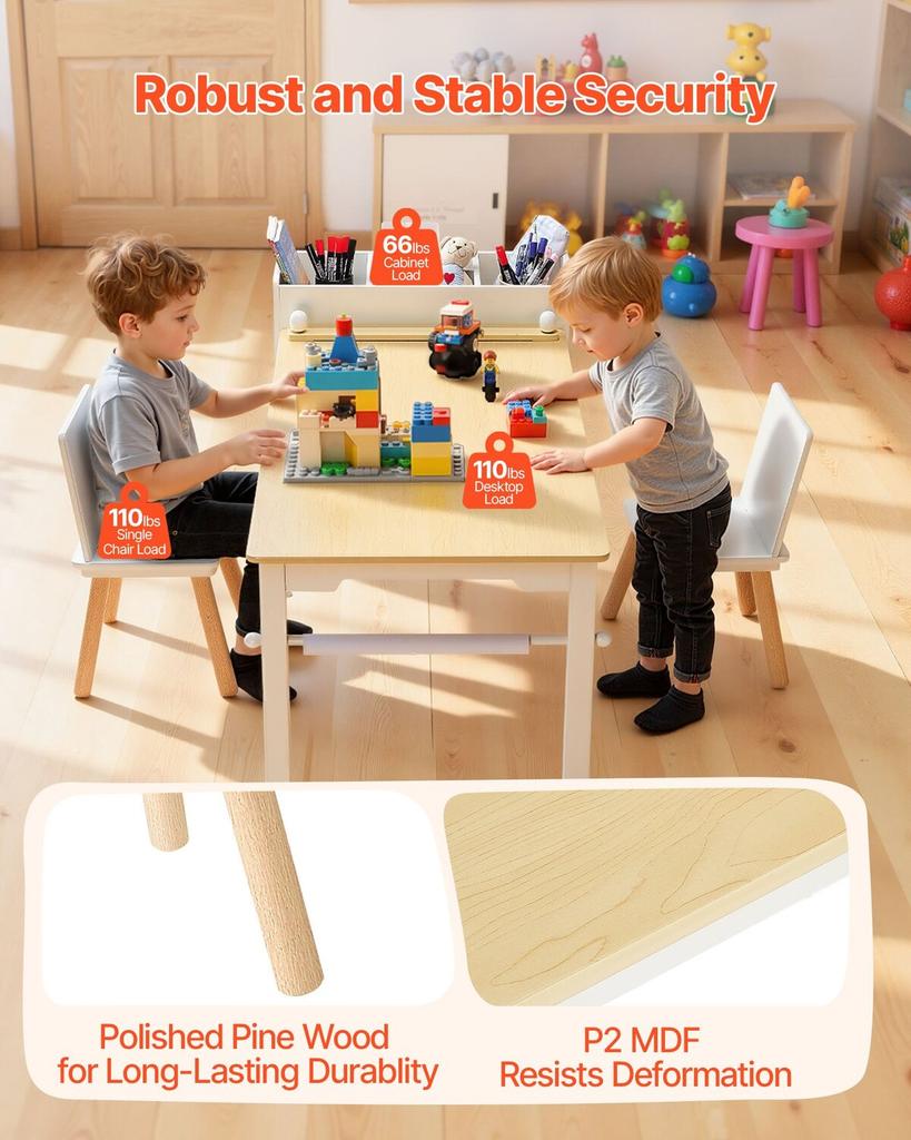 Kids Art Table and Chair Set, Toddler Craft Table with 3 Tiers Storage Cabinet, Wooden Kids Activity Play Desk with 2 Chairs, Art Craft Play Desk for