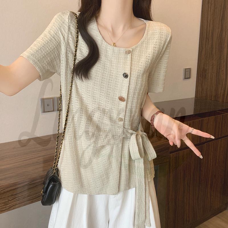 2026 Summer Plus Size Women s Chic Button Round Neck Short Sleeve Top L светло-зеленый