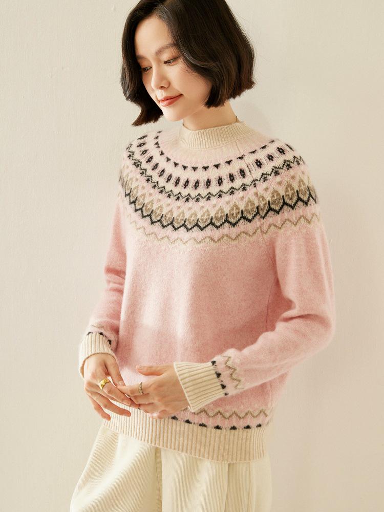 Women's Thickened Fair Isle Cashmere Pullover Sweater - Round Neck, Long-Sleeve, Double-Ply Wool Jacquard