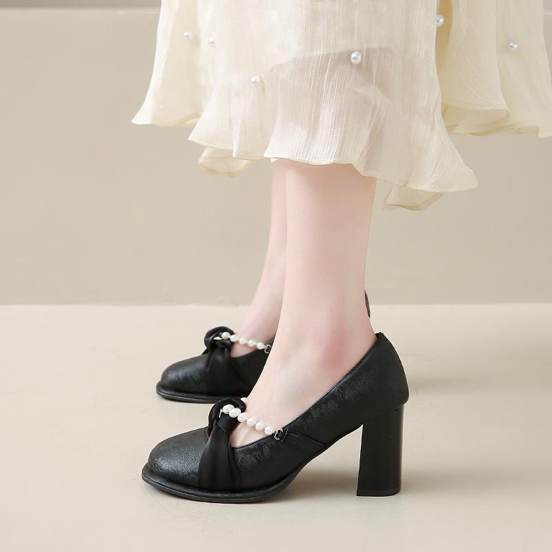 Bead Bow Lace Women High Heels Mary Janes Shoes Designer Fashion Shallow Sandals 2025 New Autumn Pumps Party Zapatillas De Mujer