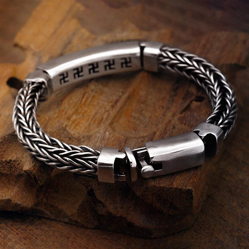 Neues Sechs-Charakter-Mantra-Handgewebtes Silberarmband Männliches dickes Thai-Silber-Retro-Hipster-Persönlichkeits-Männerarmband