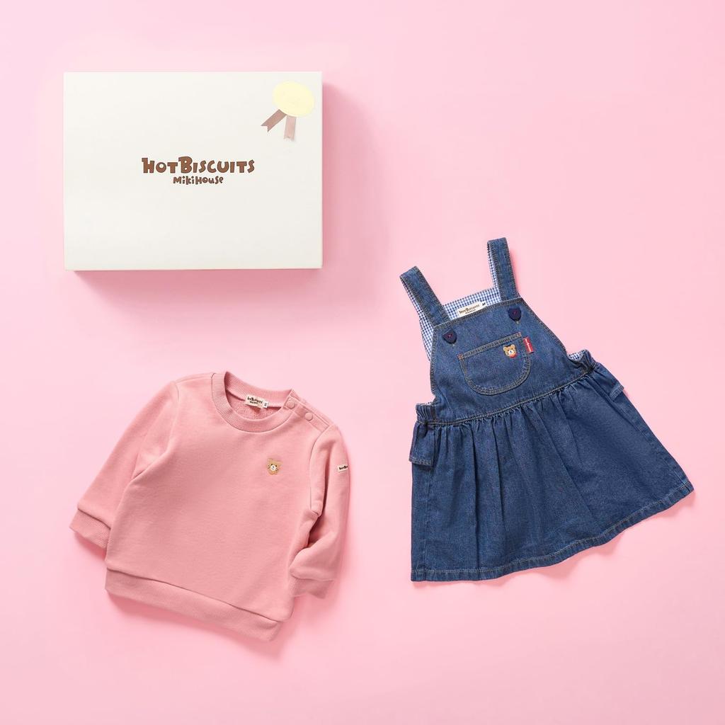 MIKIHOUSE HOT BISCUITS Jumper Skirt & Sweatshirt Set (Boxed) for Boys and Girls, Baby Clothes, Baby Gift, Salmon Pink, 80cm, 74-9956-149