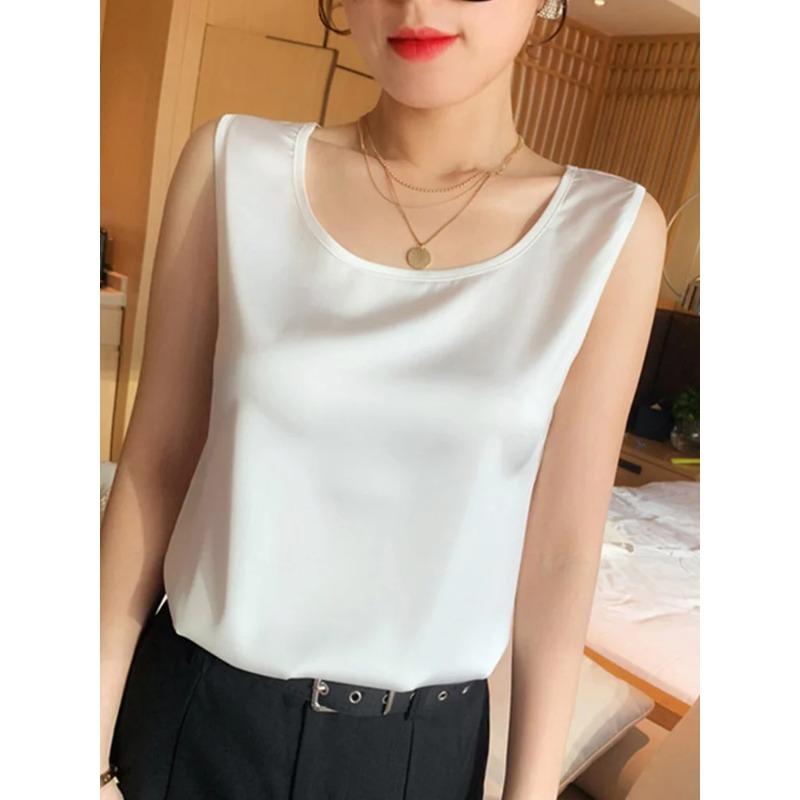 Fashion Silk Thin Short Sleeve Tees Slip Woman Summer Clothes Elegant Tops Solid Loose Casual