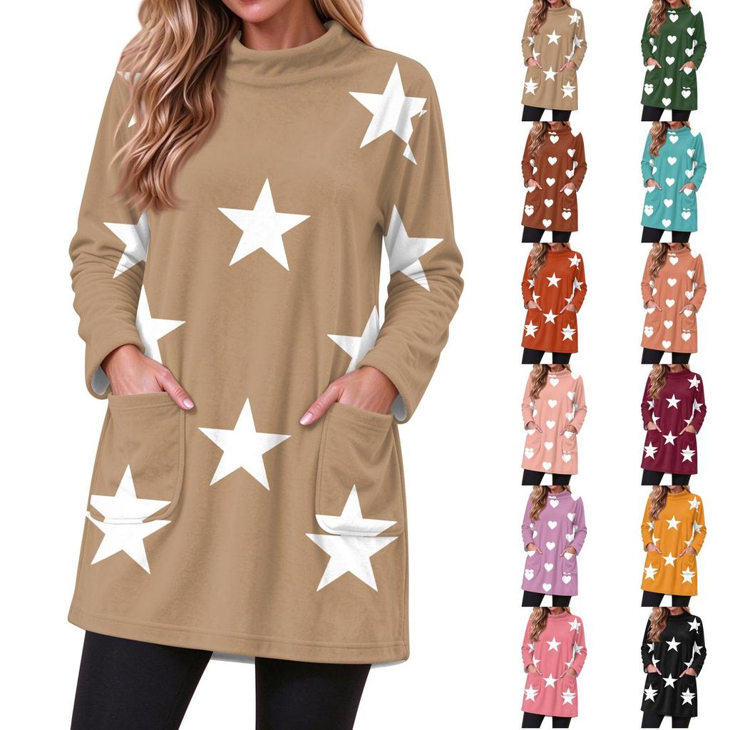 Women's Flannel Star and Heart Print Pullover Long Sleeve Crewneck Top with Pocket