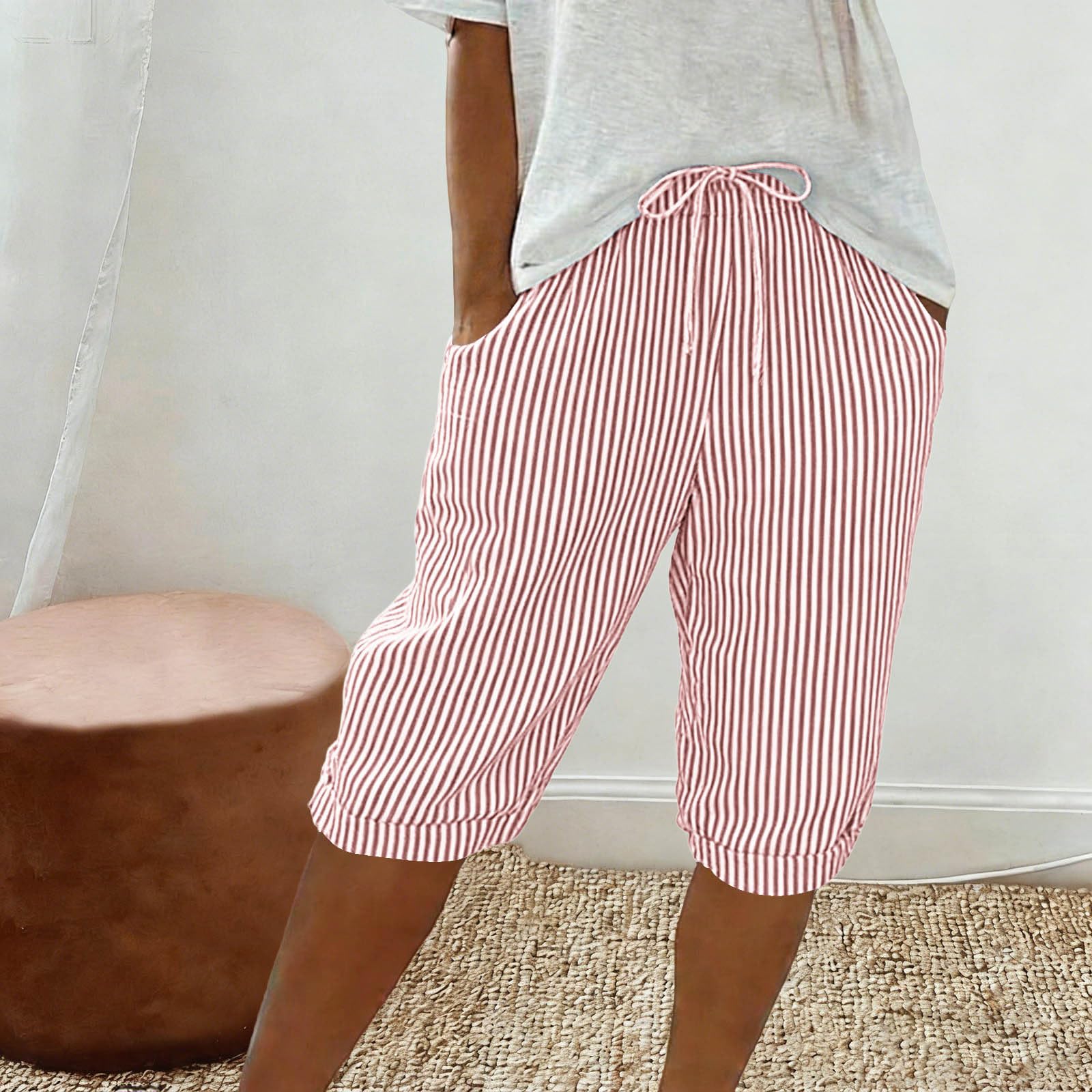 

Women s Fashionable Striped Printed Loose Drawstring Cotton Linen Casual Five Quarter Pants M червоний