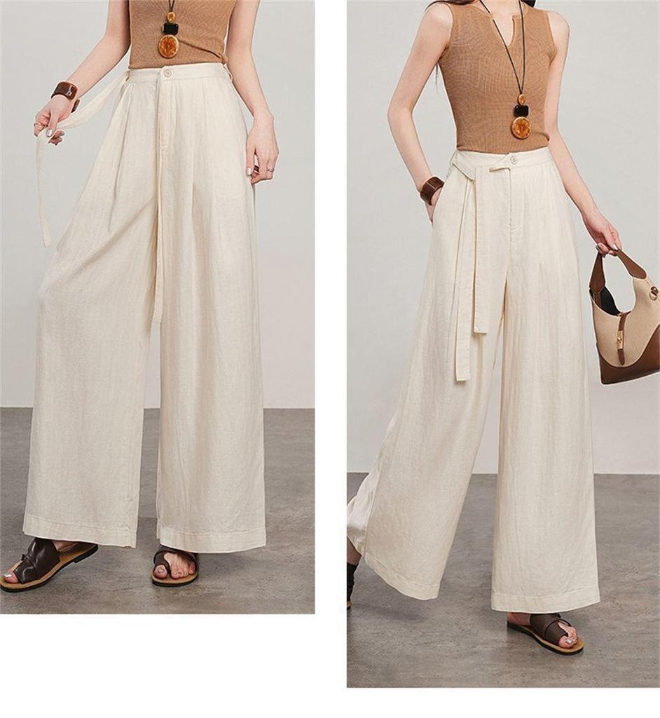 Lace-Up High Waist Cotton Linen Wide-Leg Cropped Pants