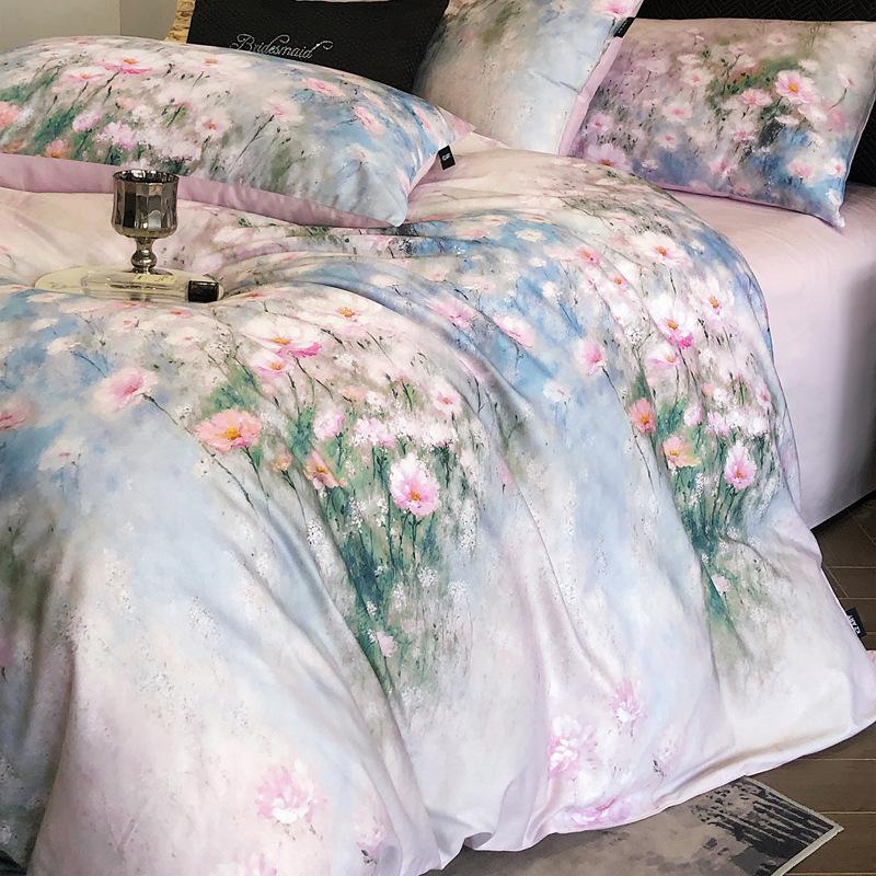 French Pastoral Oil Painting Style 100S Pure Cotton Satin Long-Staple Cotton Four-Piece Digital Printing Bedding