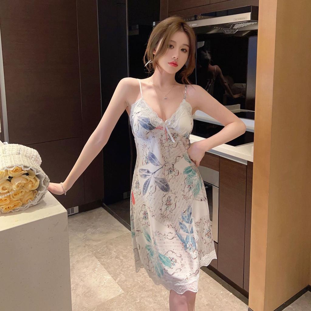 Sexy print nightdress Ice Ribbon chest pad summer thin new women's suspender pajamas pure loungewear