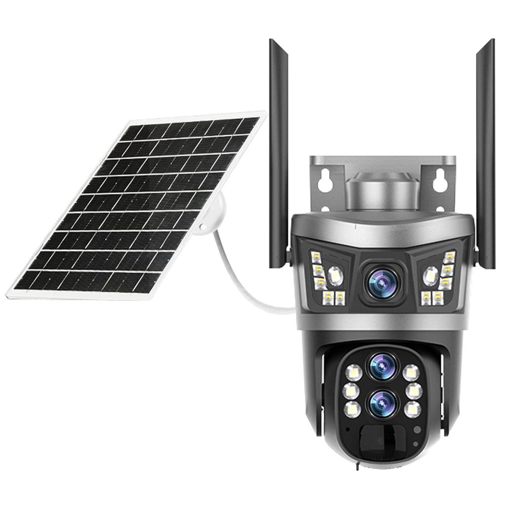 Panorama-Solarkamera mit Dual-Bildschirm, 4G, Triple-Objektiv, 10x Zoom & Überwachung mit Akku mit geringem Stromverbrauch