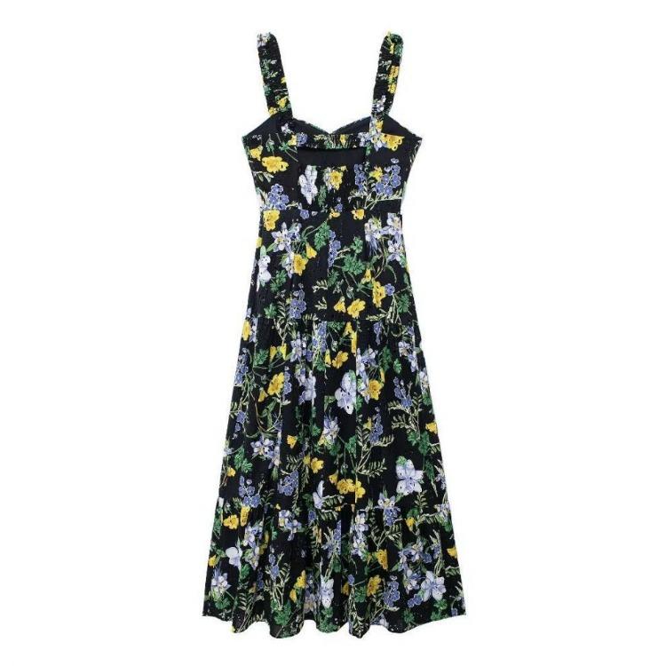 European American Women Fashion Summer Floral Print Spaghetti Straps Midi Dress