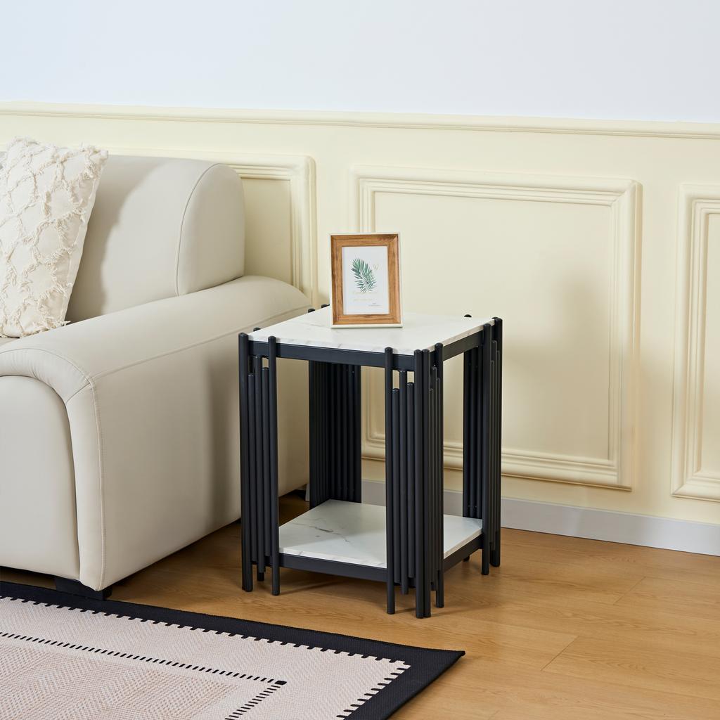 Modern nightstand with 2 shelves, black metal frame, side table in marble look, MDF, for bedroom and hallway, White and Black - H55/W43/D40 cm