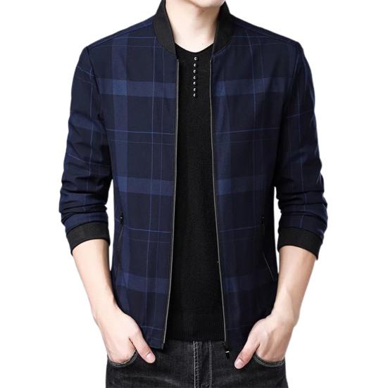 Men Coat Plaid Stand Collar Thin All Match Spring Jacket for Daily Wear