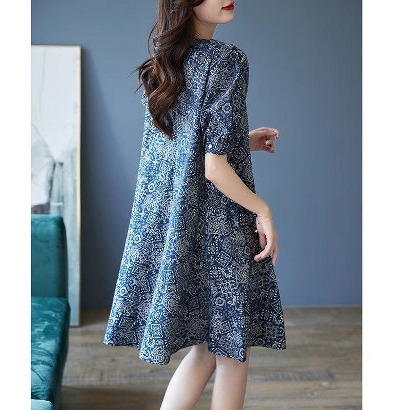 

Crew neck bubble sleeve pure cotton printed dress summer new fashion casual loose medium and long dress S