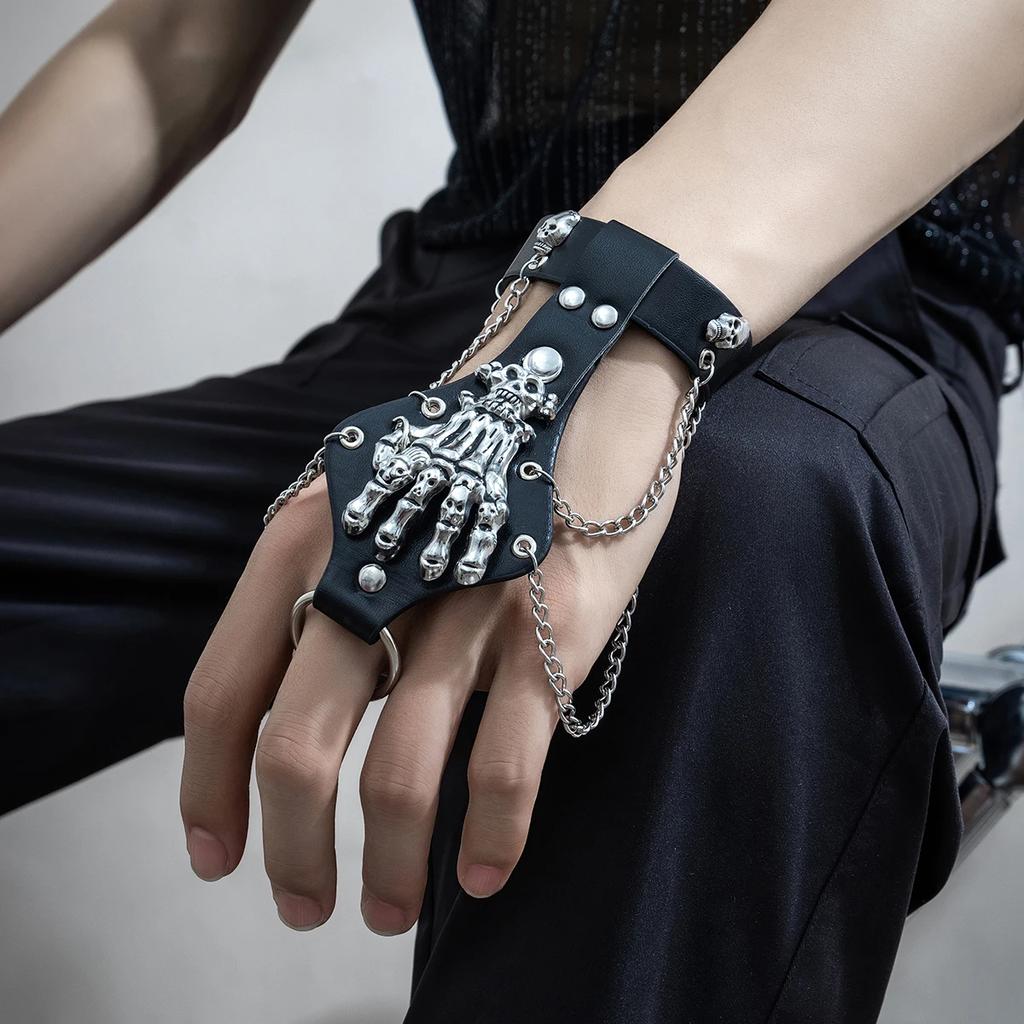 Goth Black PU Leather Skull Finger Wrist Chains Rings Bracelets Women Punk Hand Bangles Halloween Grunge Jewelry Steampunk Men