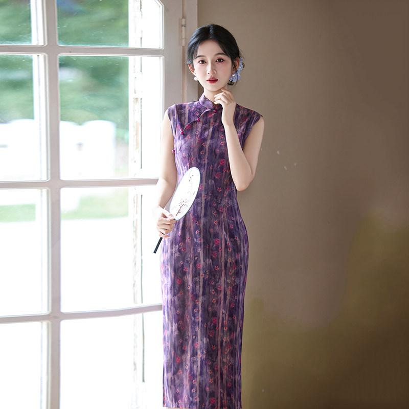 Purple sleeveless national style new Chinese daily Suzhou long cheongsam improved young 1011 new women's high sense