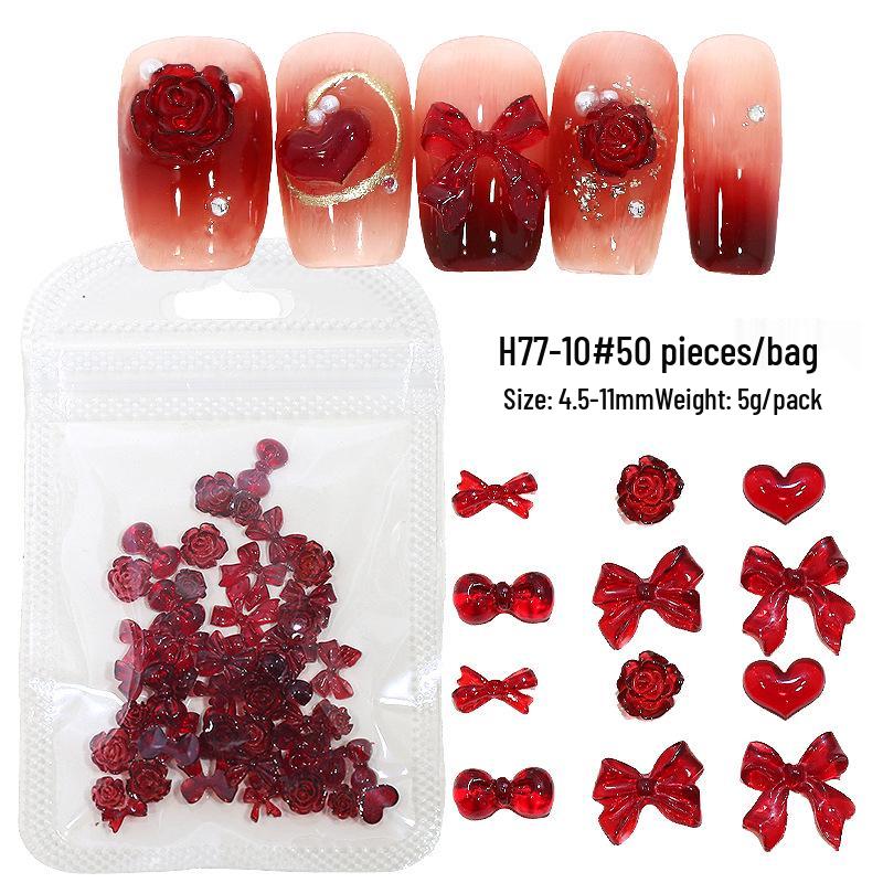 New Year Red Bow Nail Art Charms: Camellia, Heart, Bowknot Resin Press-on Decorations