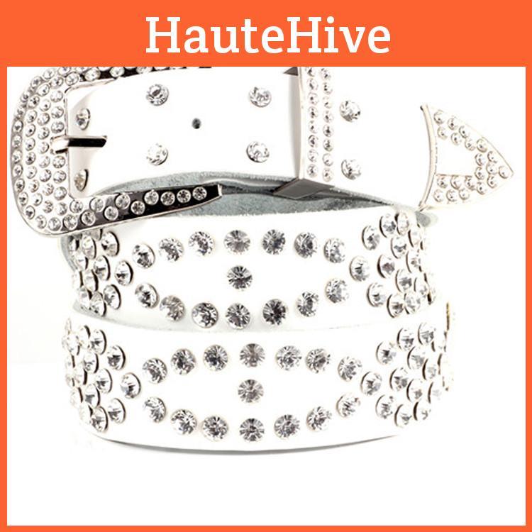 Wide Leather Belt With Metal Pin Closure Rhinestone Decor For Elegant Womens