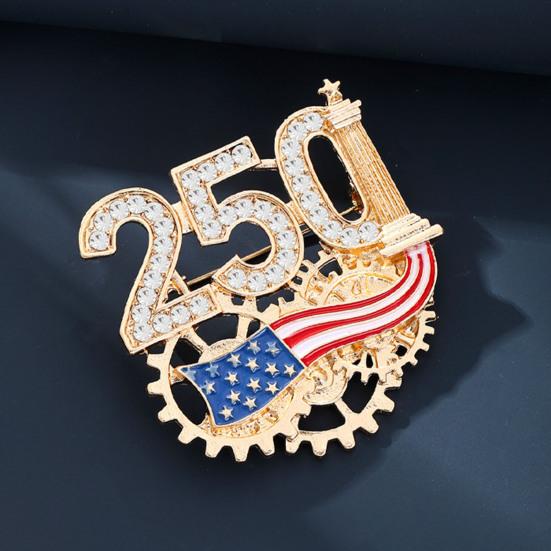 Women Brooch Golden 3D Number 250 Rhinestones Mechanical Gear Base Metallic Design Brooch Pin Sparkling Number Badge